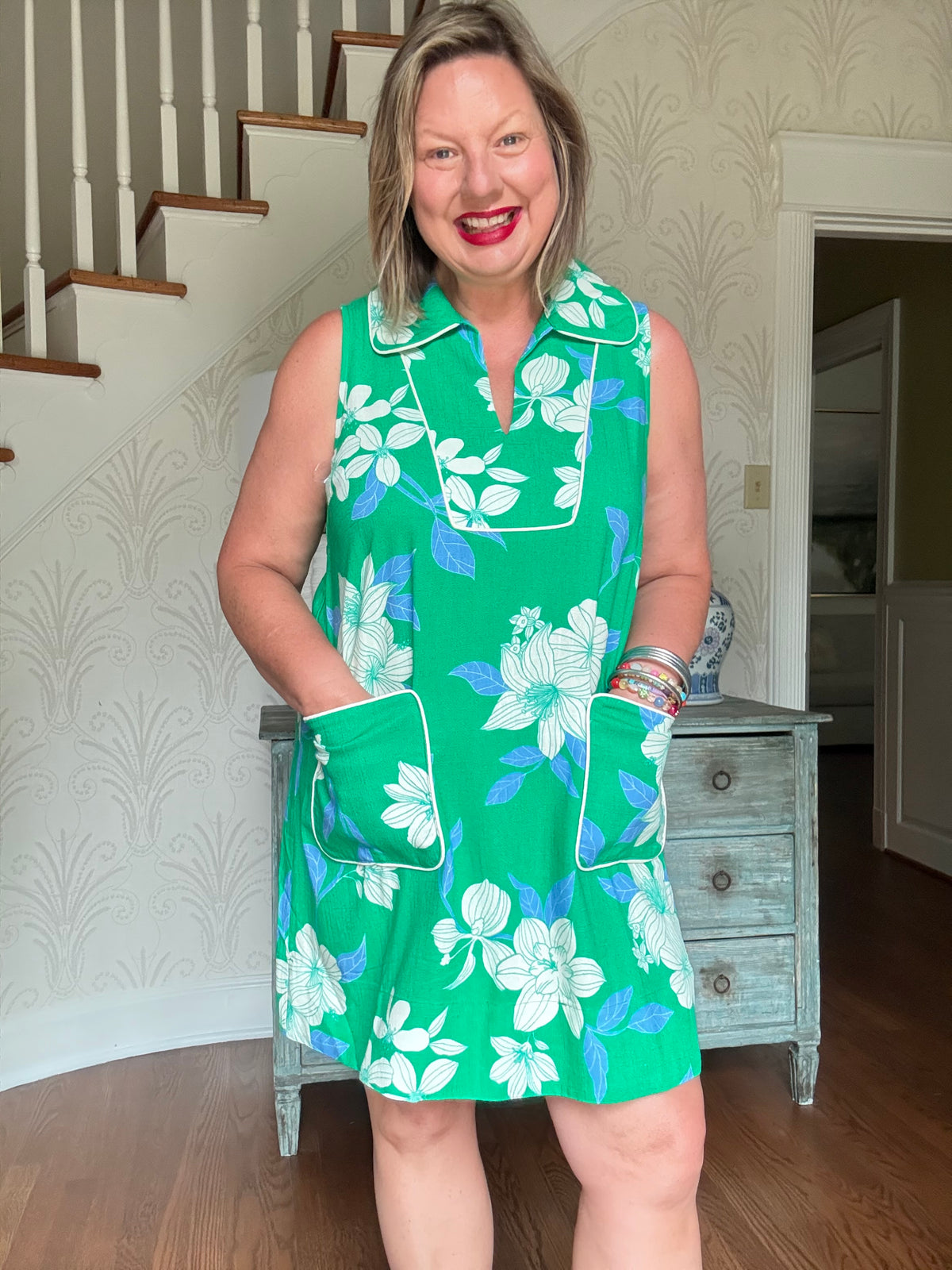 Green Floral Collared Shift Dress