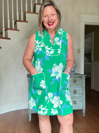Green Floral Collared Shift Dress