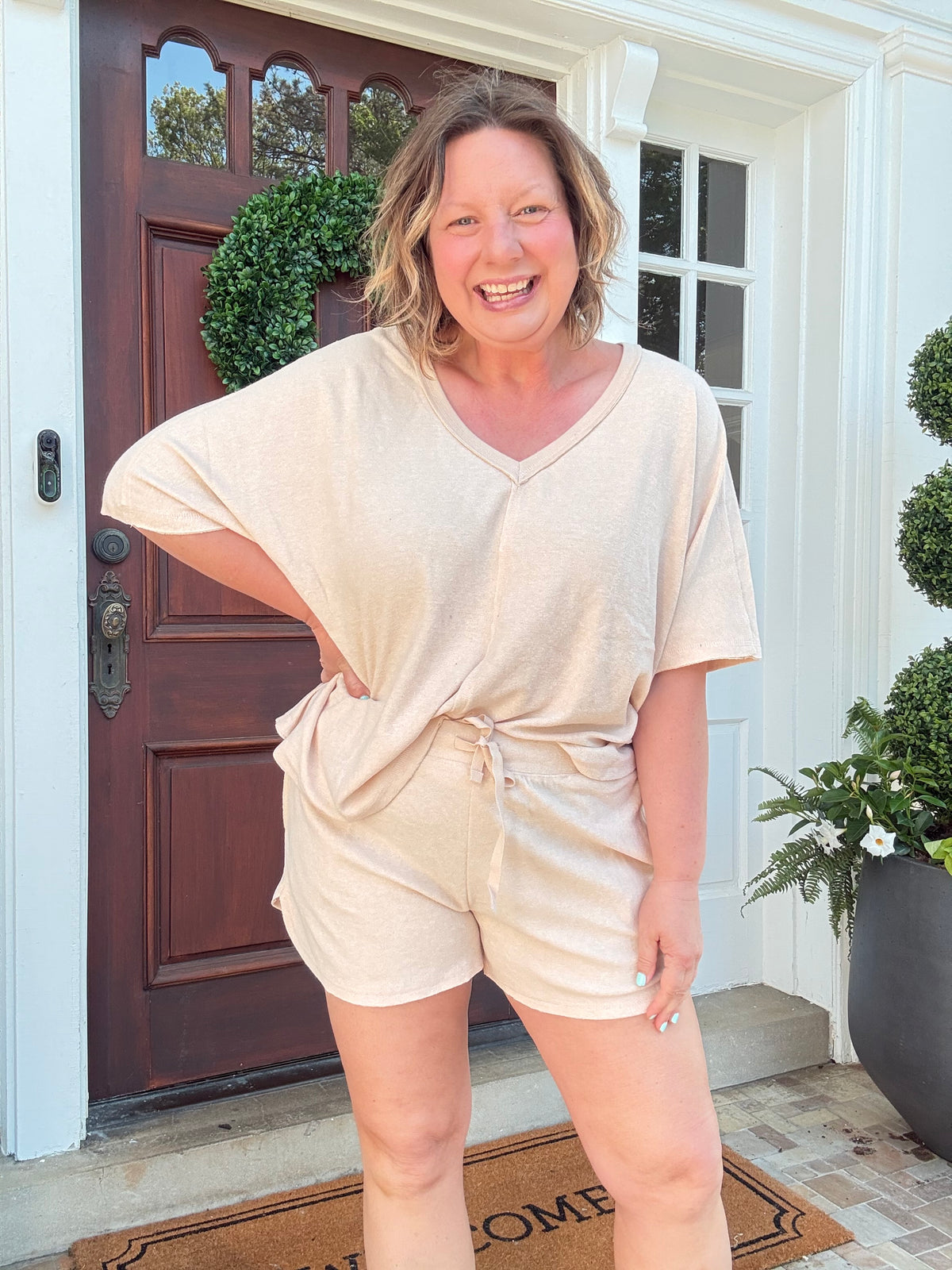 Terry Relaxed V-neck with Short Set - Warm Sand