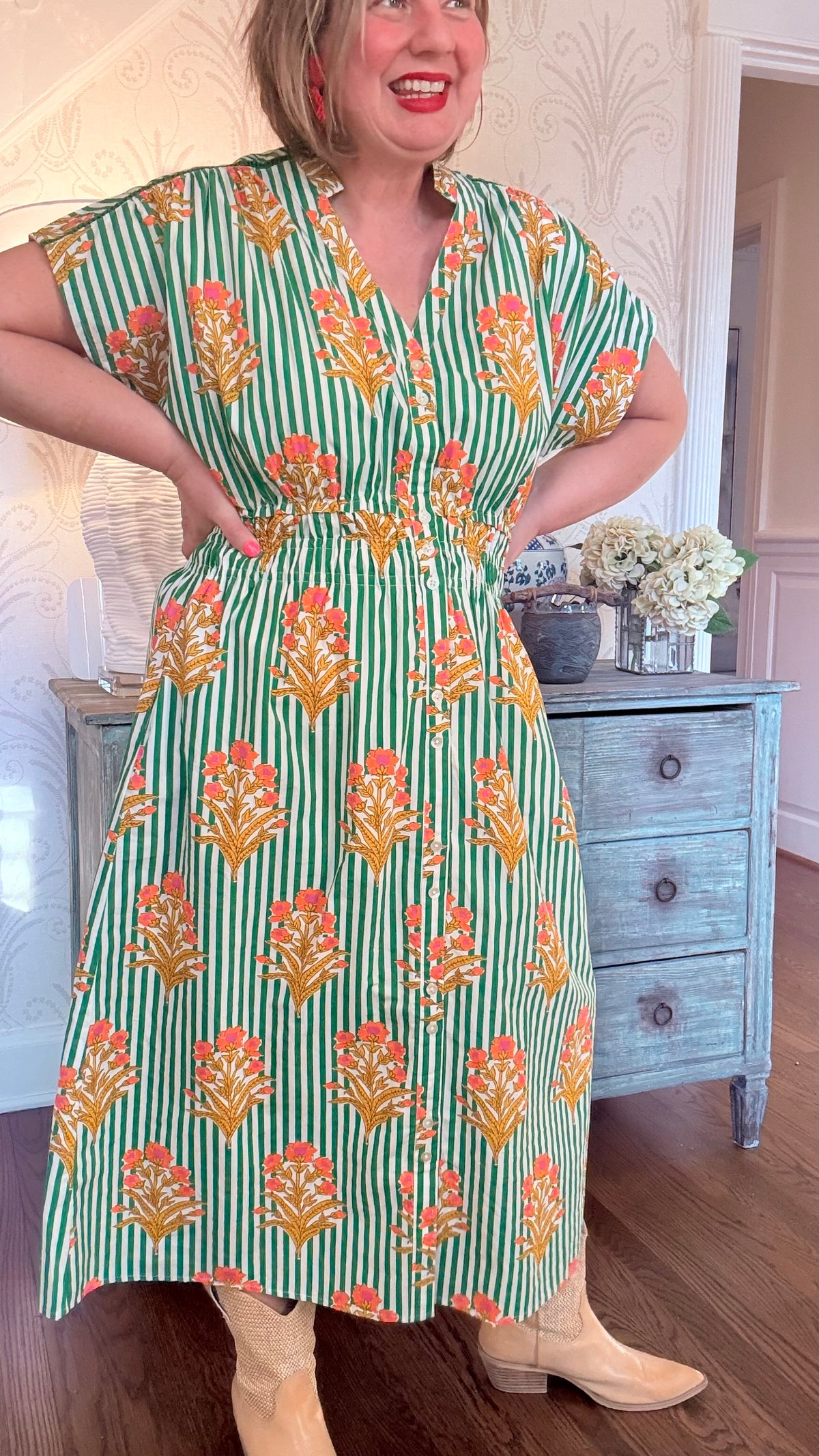 Short Sleeve Striped Floral Pattern Dress