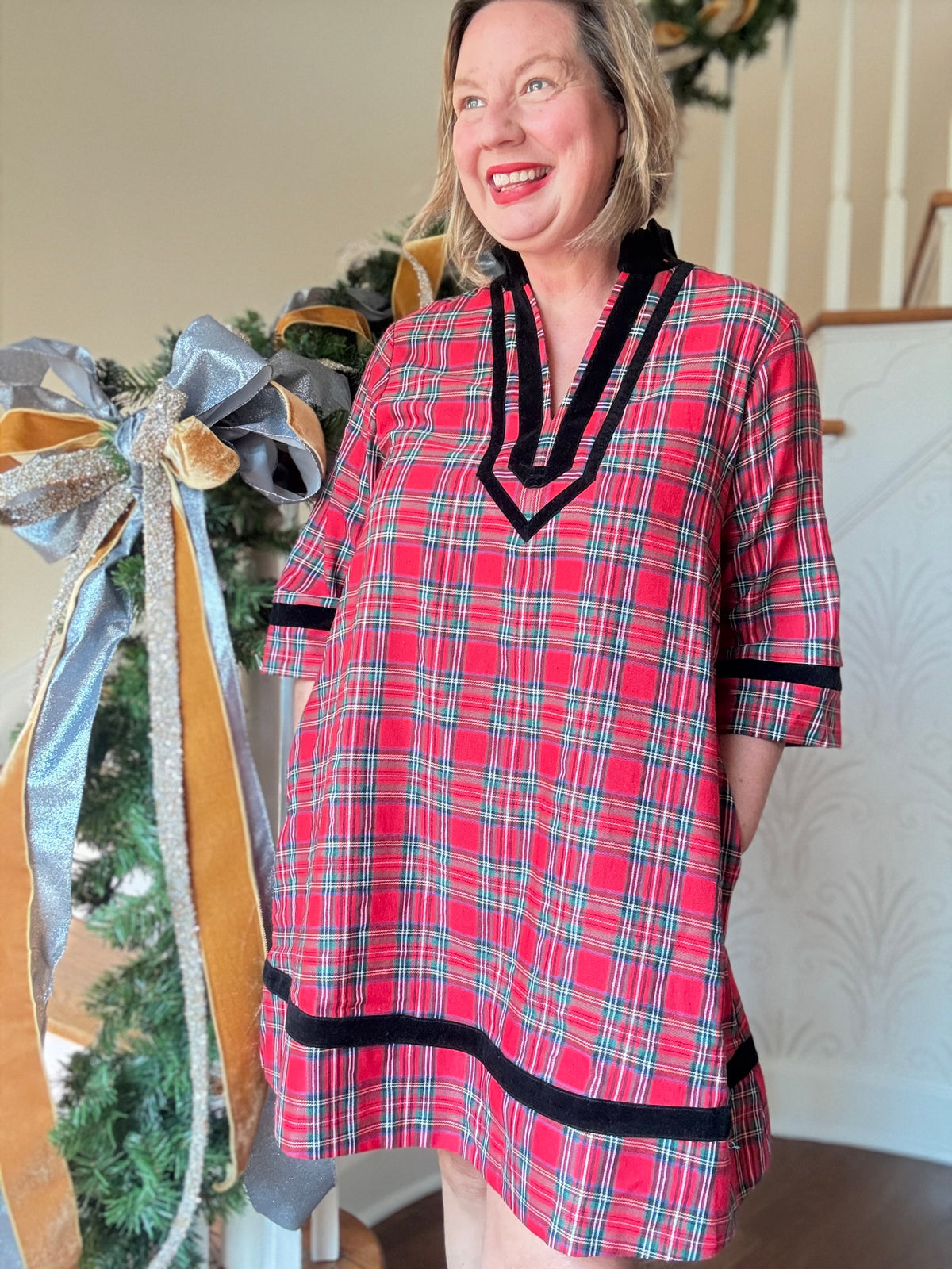 Holiday Plaid Dress with Trim - Red