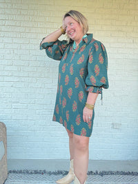 Teal Floral Puff Sleeve Dress