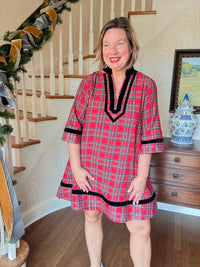 Holiday Plaid Dress with Trim - Red