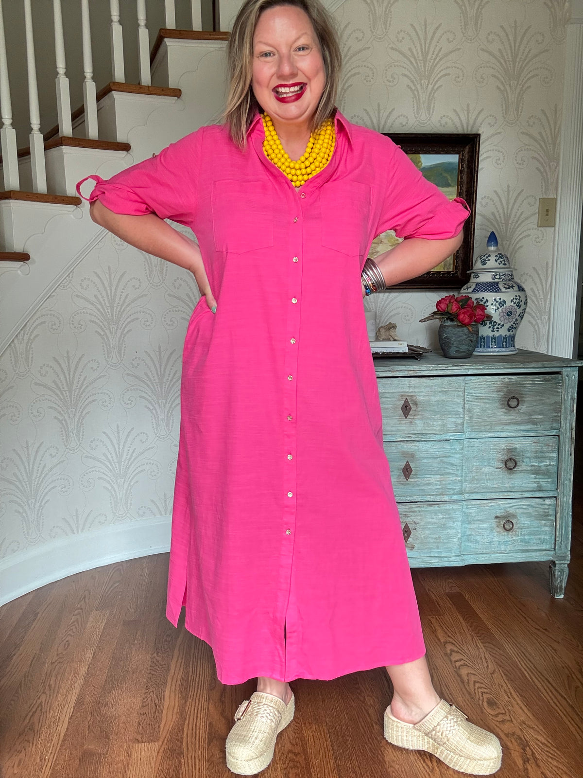 Casual Bright Pink Shirt Dress with Rolled Sleeves