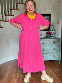 Casual Bright Pink Shirt Dress with Rolled Sleeves