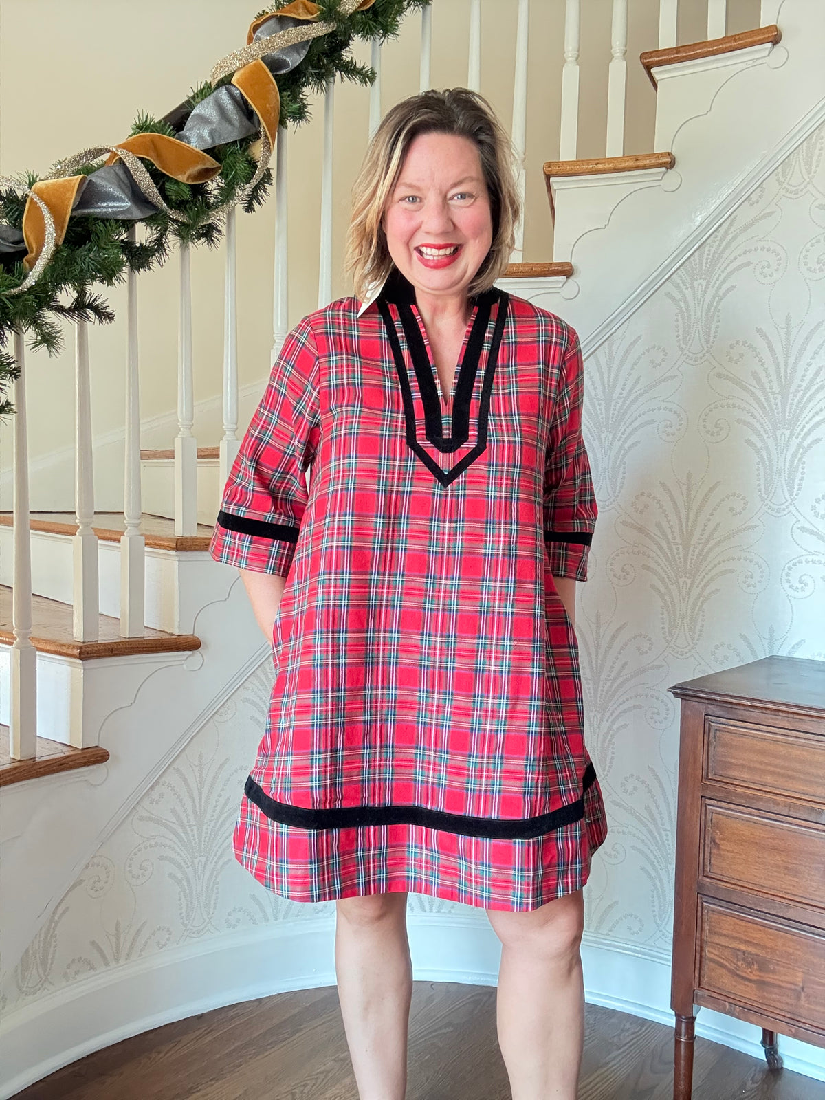 Holiday Plaid Dress with Trim - Red