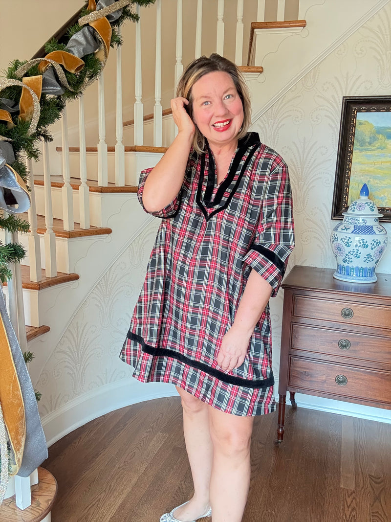 Holiday Plaid Dress with Trim - Black