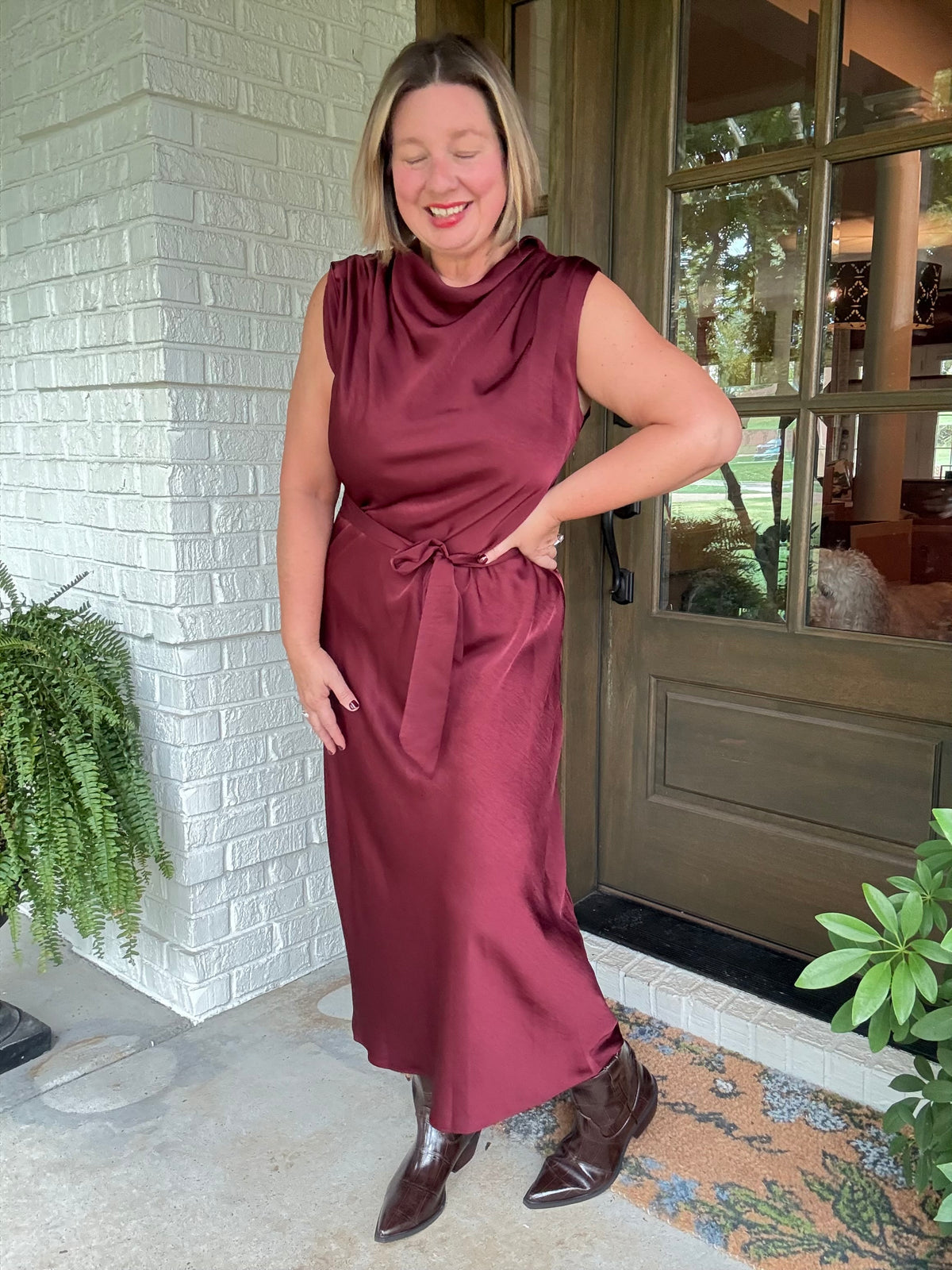 Mock Neck Sleeveless Midi Dress - Burgundy
