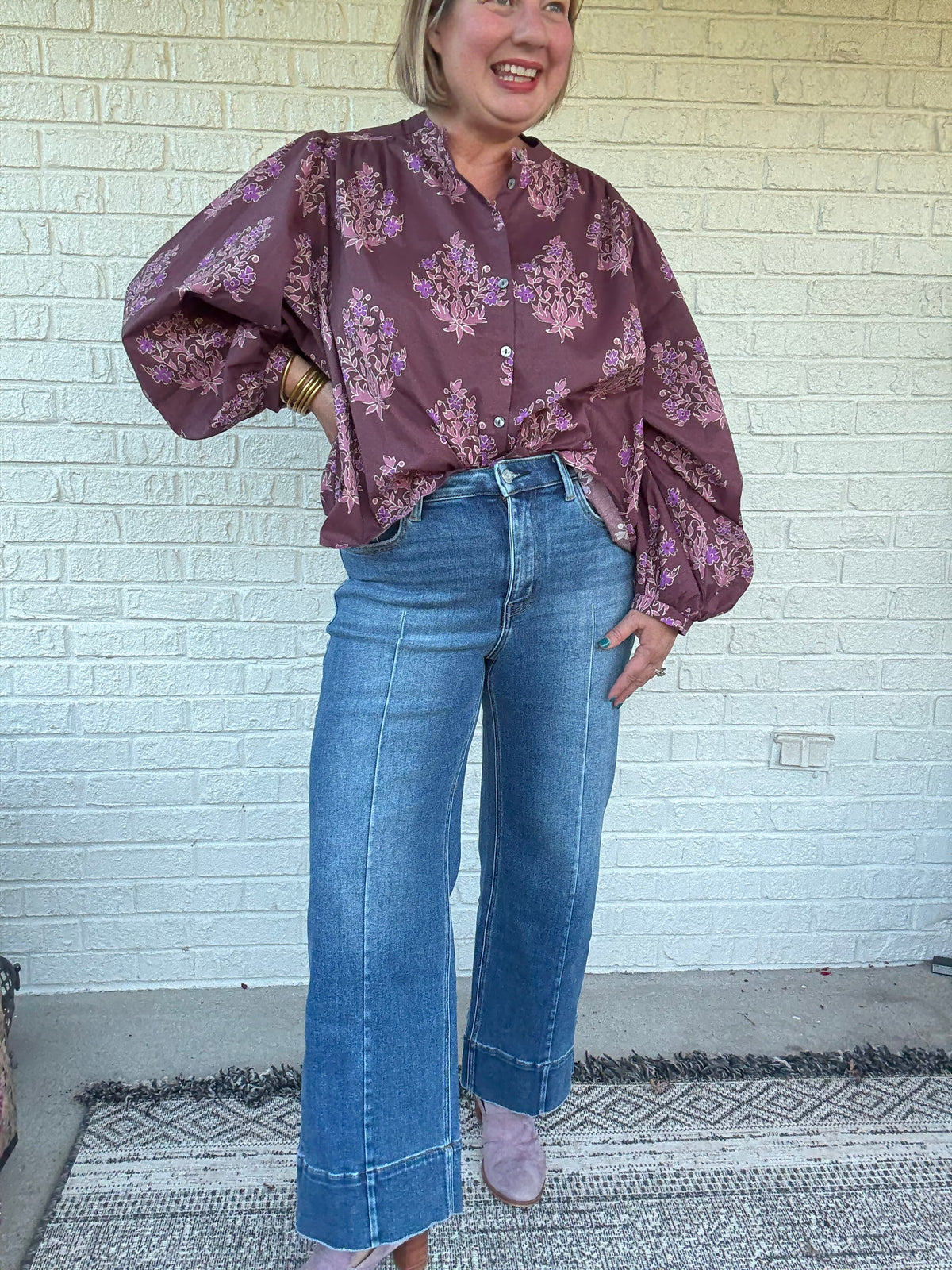 Rosalie Wine Floral Puff Sleeve Blouse