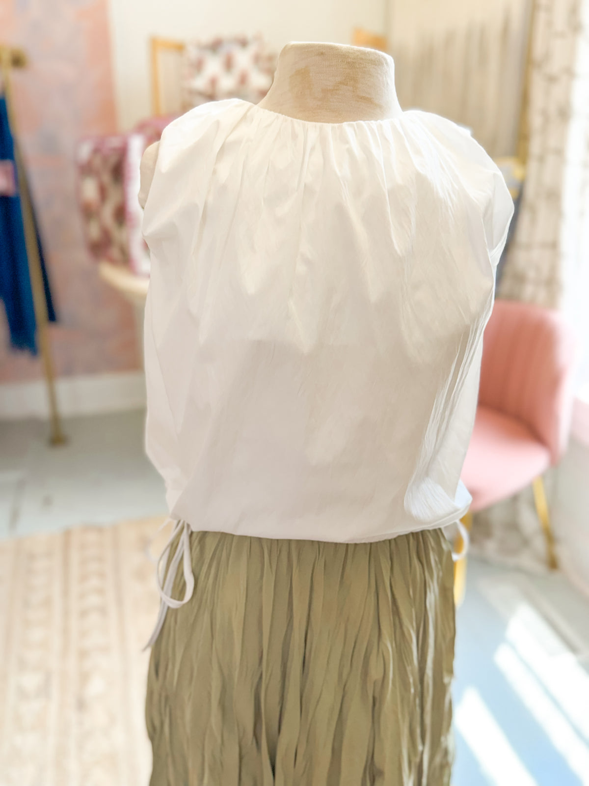 Airy White Tank Blouse with Drawstring Hem