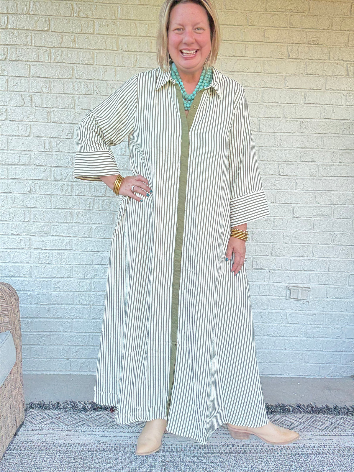 Striped Button Front Maxi Shirt Dress - Olive