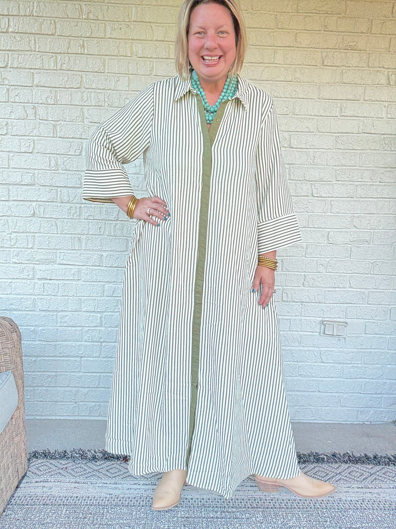 Striped Button Front Maxi Shirt Dress - Olive