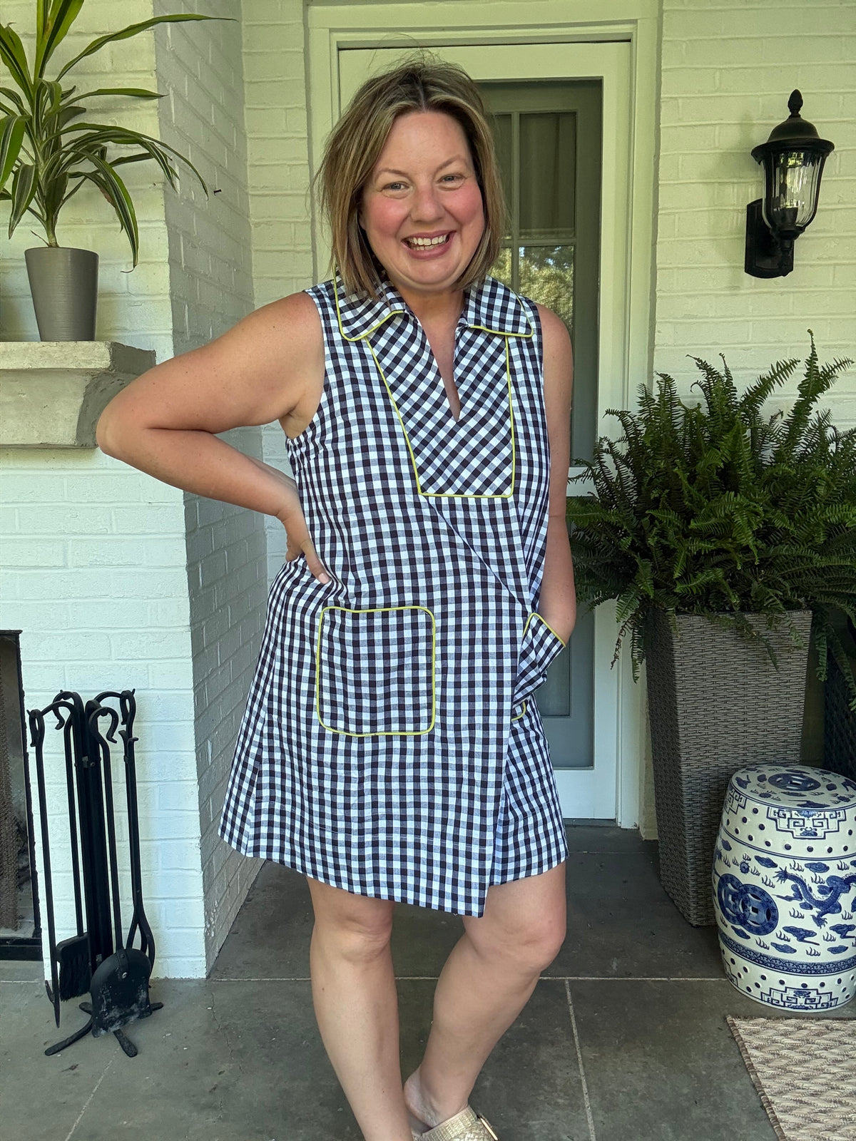 Navy and White Gingham Dress with Lime Green Contrast Detail