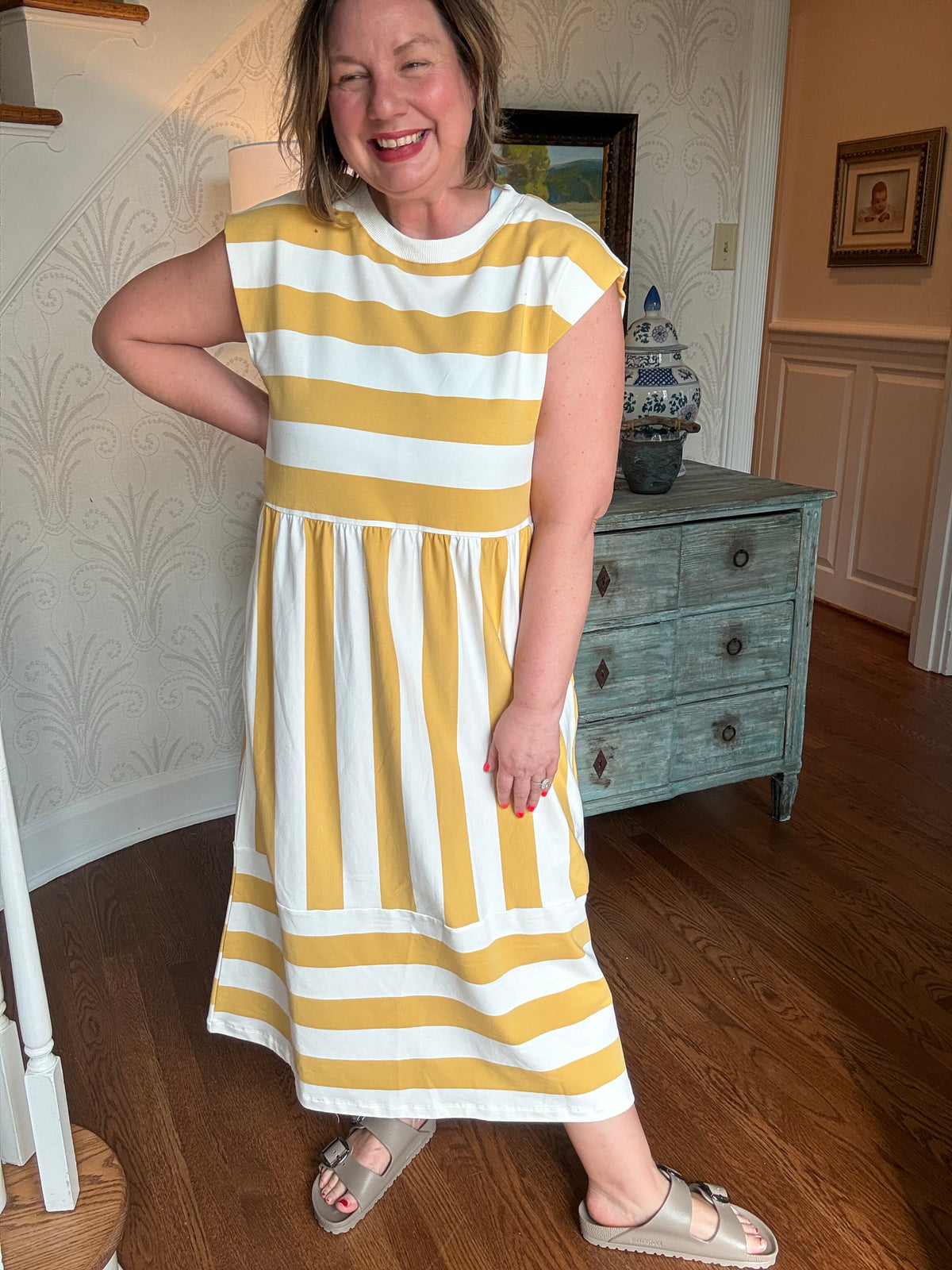 Rugby Striped Tiered Dress - Mustard