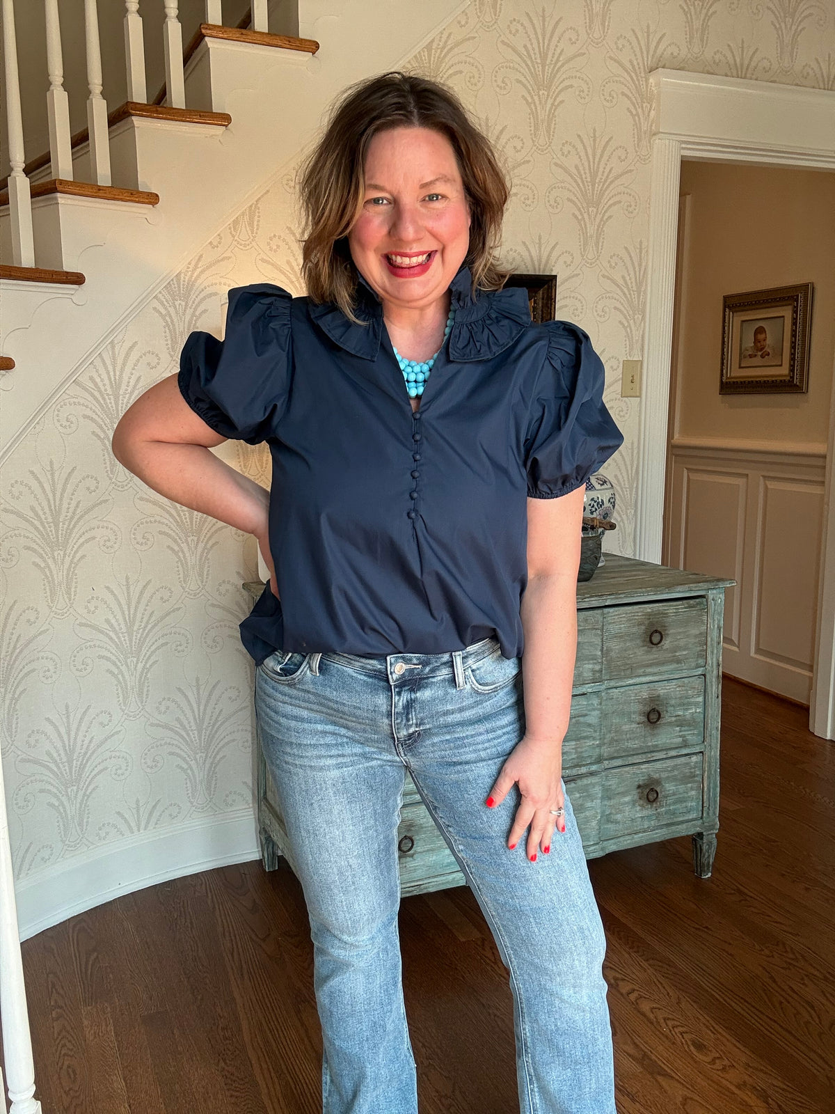 Navy Rachel Ruffle Collar Blouse