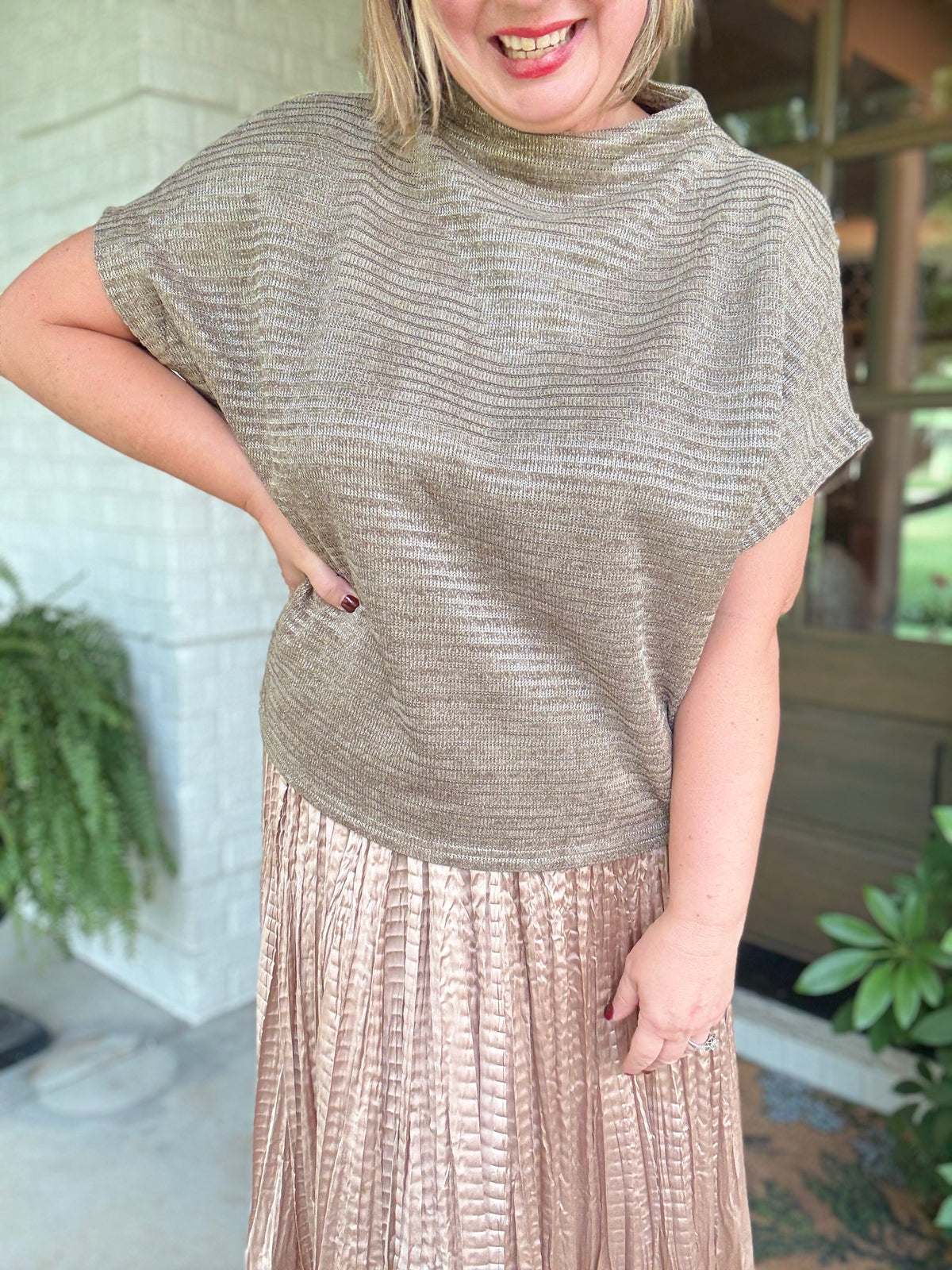 Mock Neck Glam Oversized Top - Taupe