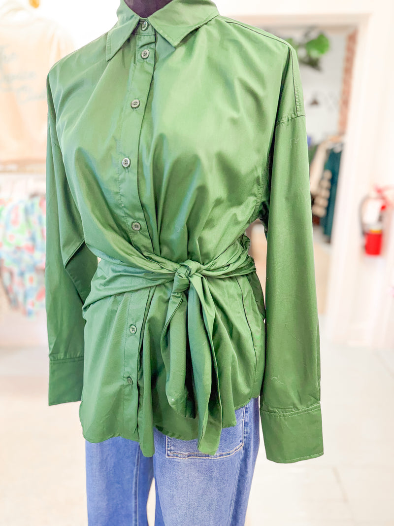 Solid Long Sleeve Blouse with Tie Waist - Pine