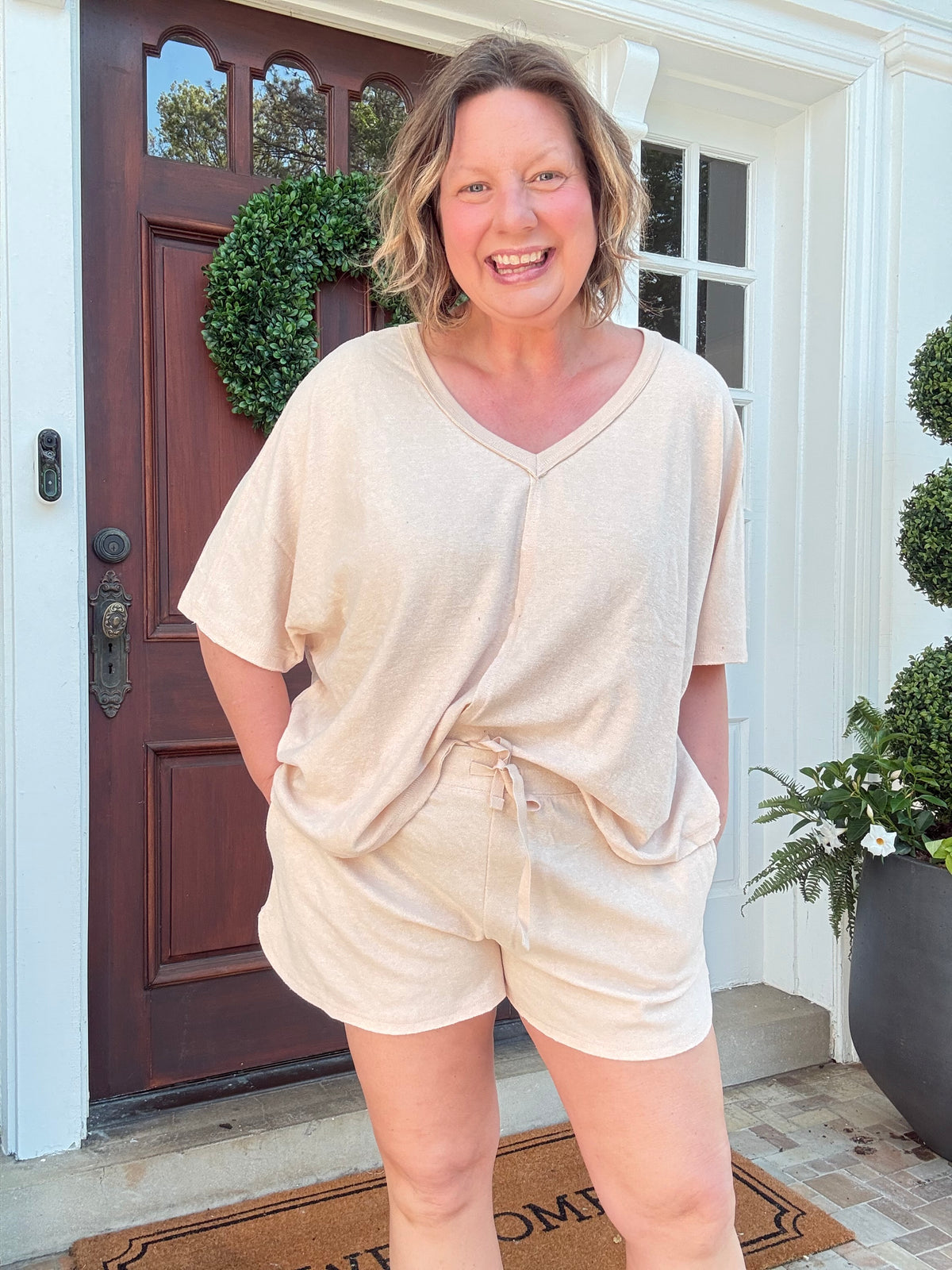 Terry Relaxed V-neck with Short Set - Warm Sand