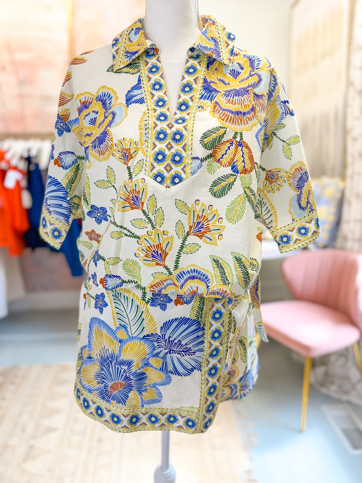 Botanical Print Blouse with Split Neckline - Blue