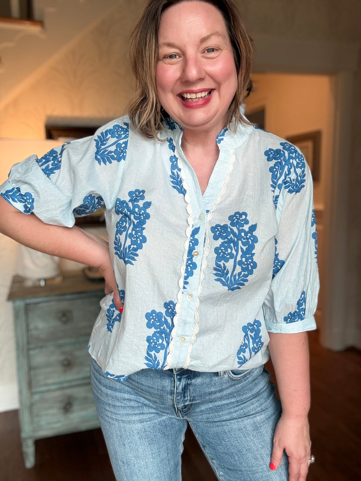 Long Sleeve Floral Pattern Button Up Top