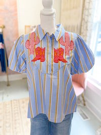 Western Inspired Stripe Button Front Blouse - Blue