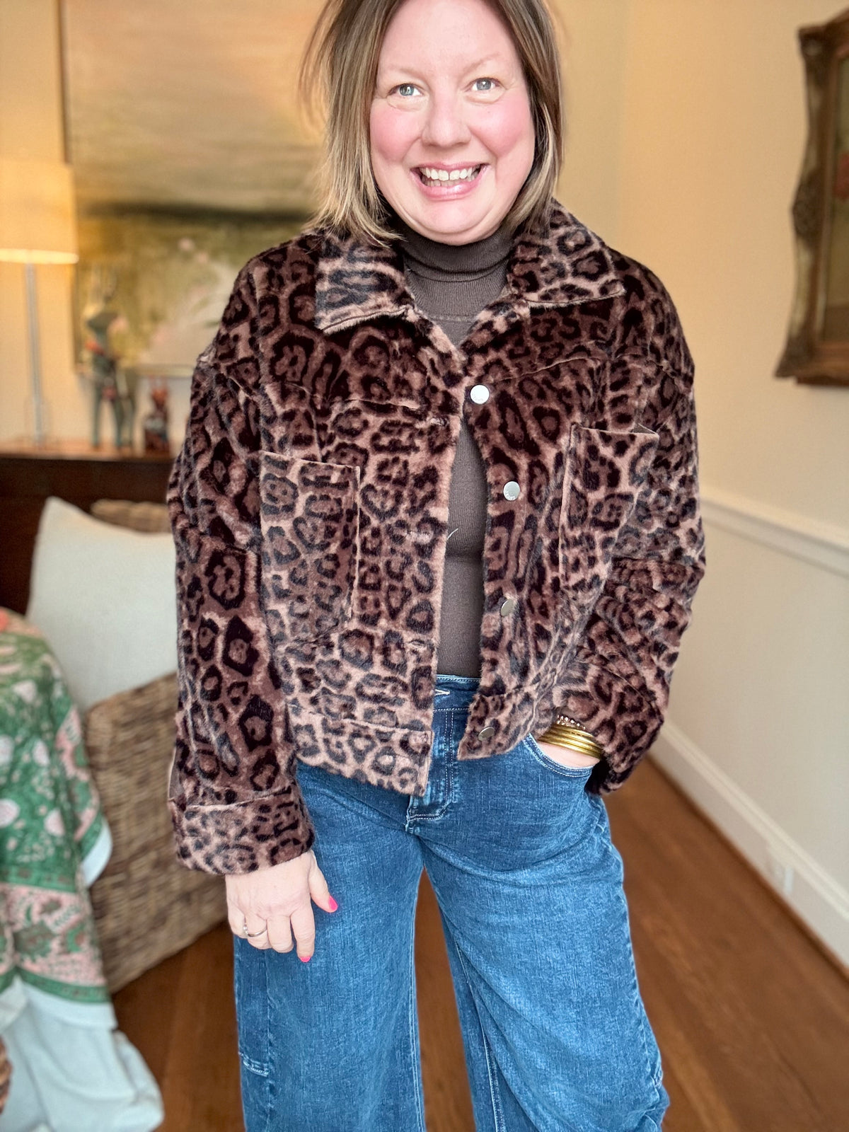 Button-Up Faux Fuzzy Jacket - Leopard