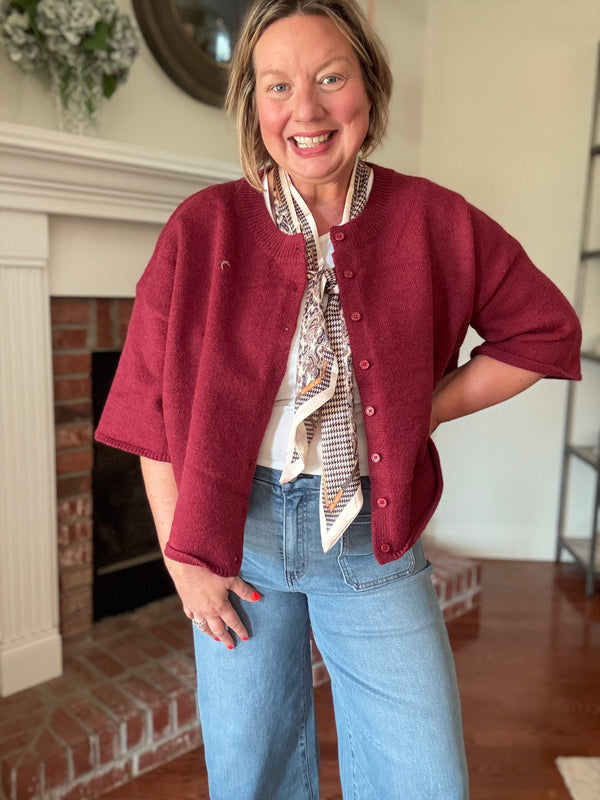 Nina Button-Up Cardigan Sweater - Burgundy