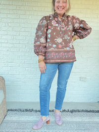 Mocha Floral Boho Blouse with Ruffle Neck