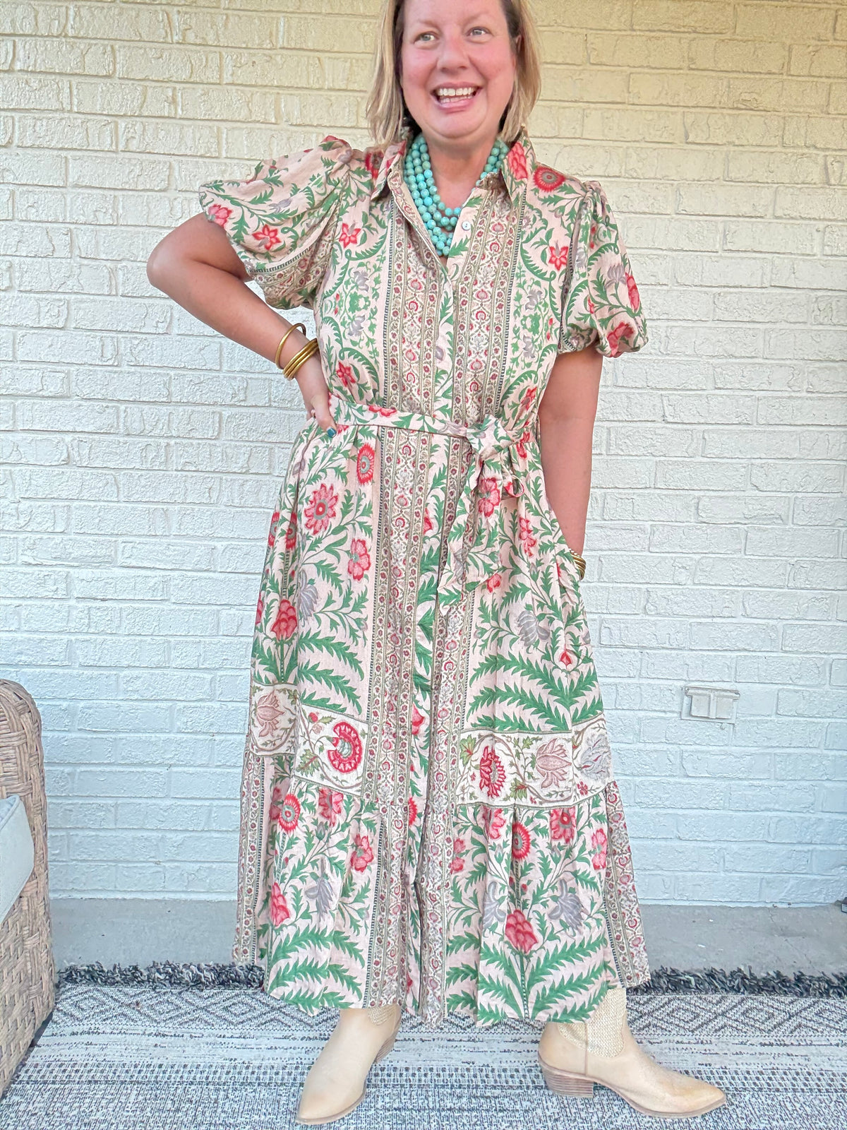 Boho Mixed Print Maxi Dress with Tie Waist