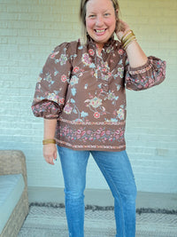Mocha Floral Boho Blouse with Ruffle Neck