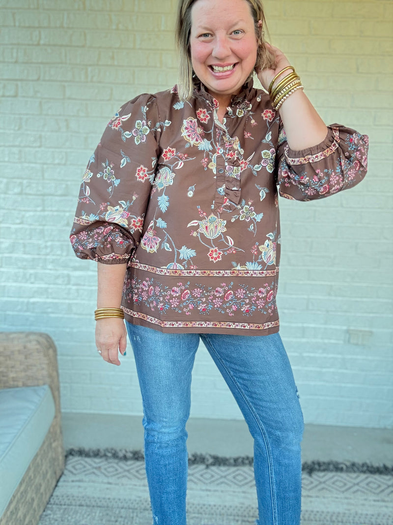 Mocha Floral Boho Blouse with Ruffle Neck