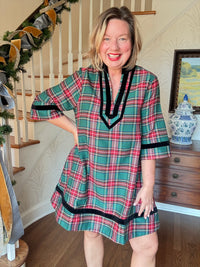 Holiday Plaid Dress with Trim - Green
