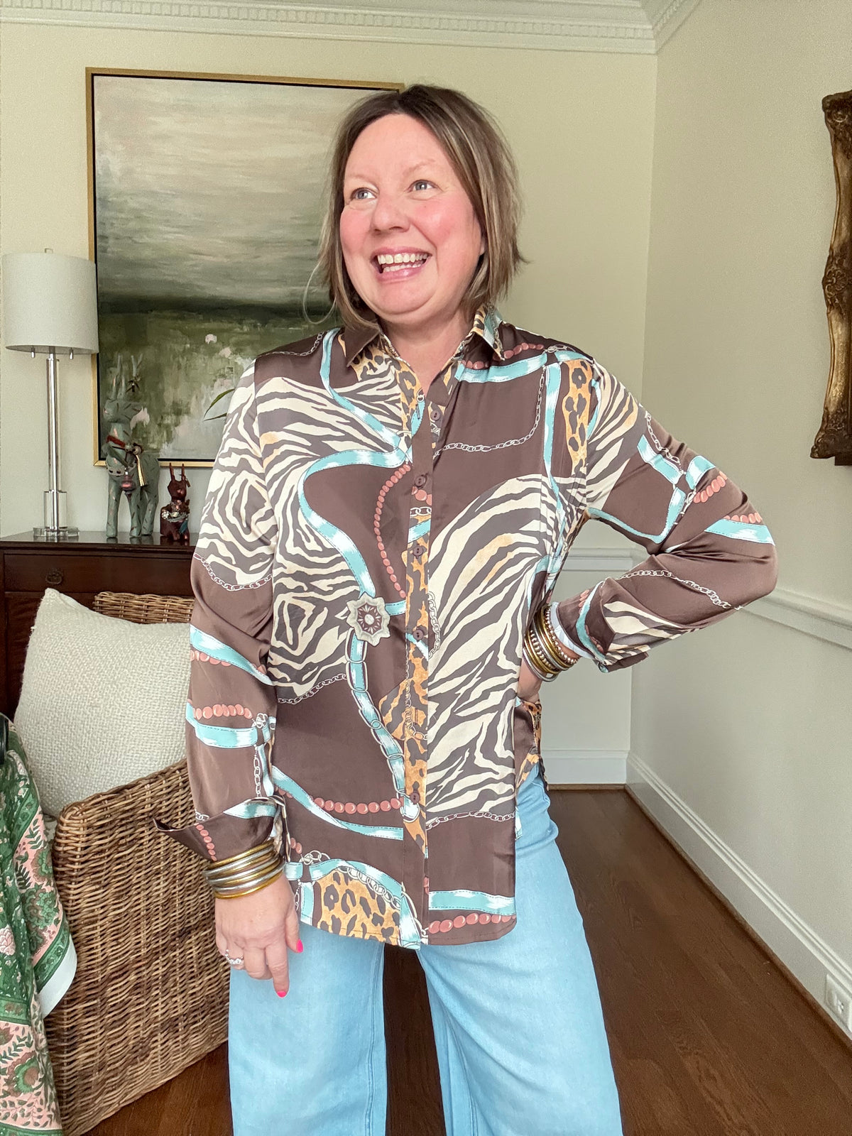 Mixed Animal Print Button Down Blouse