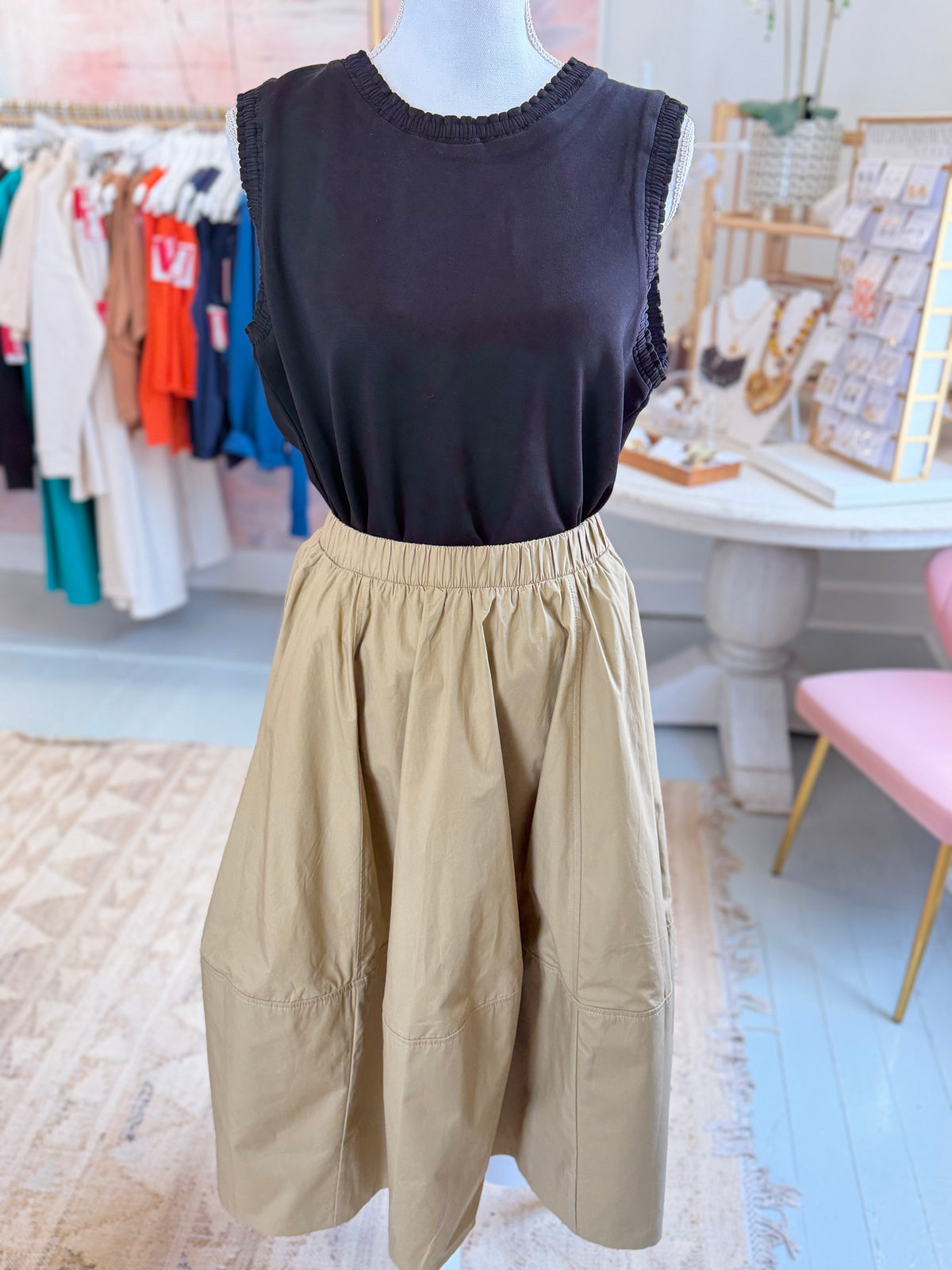 Olive Green Cotton Pull On Midi Skirt