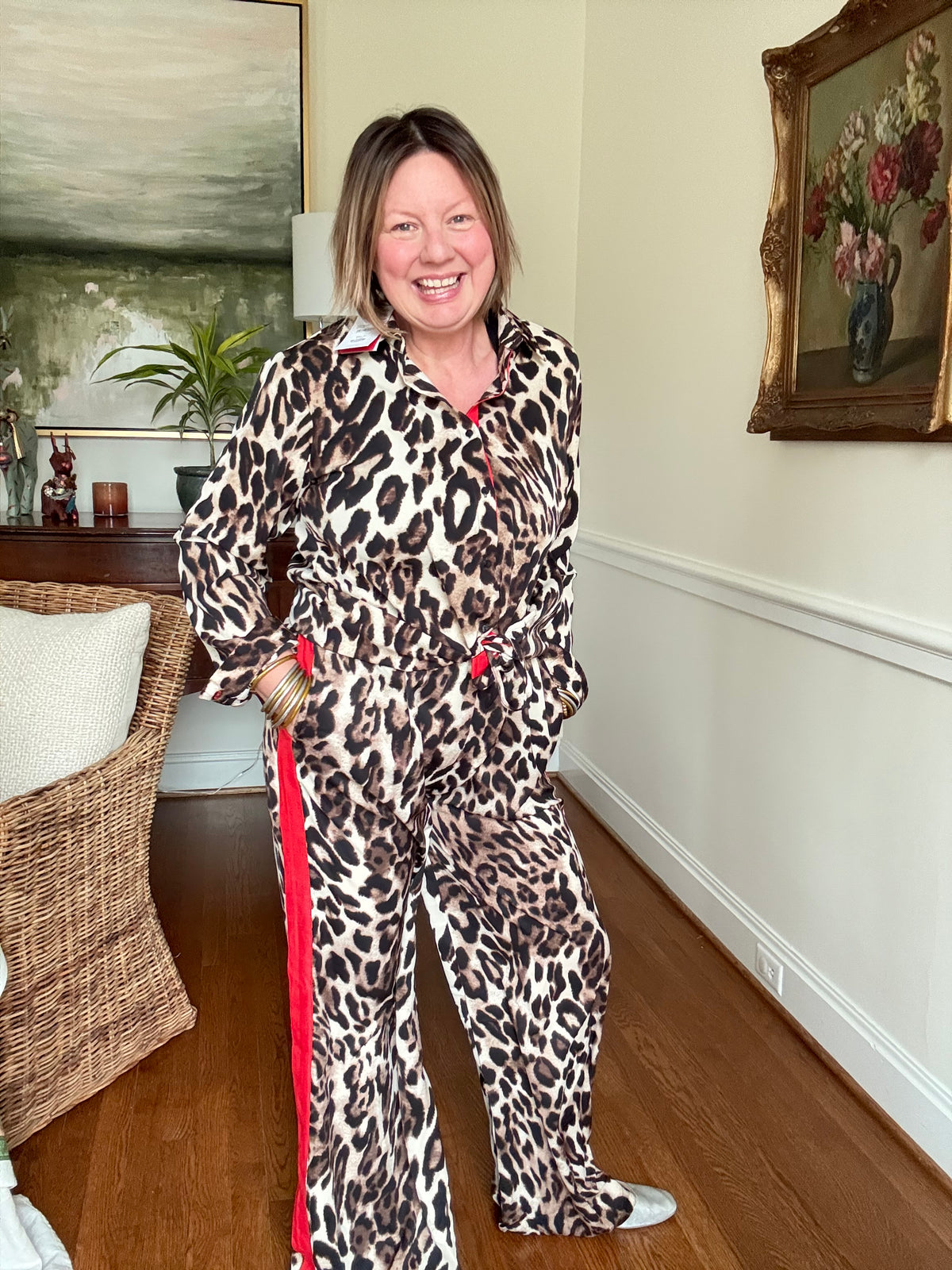 Leopard Print Button Down Blouse with Red Trim