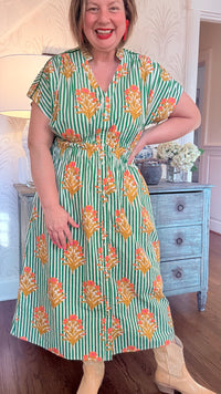 Short Sleeve Striped Floral Pattern Dress