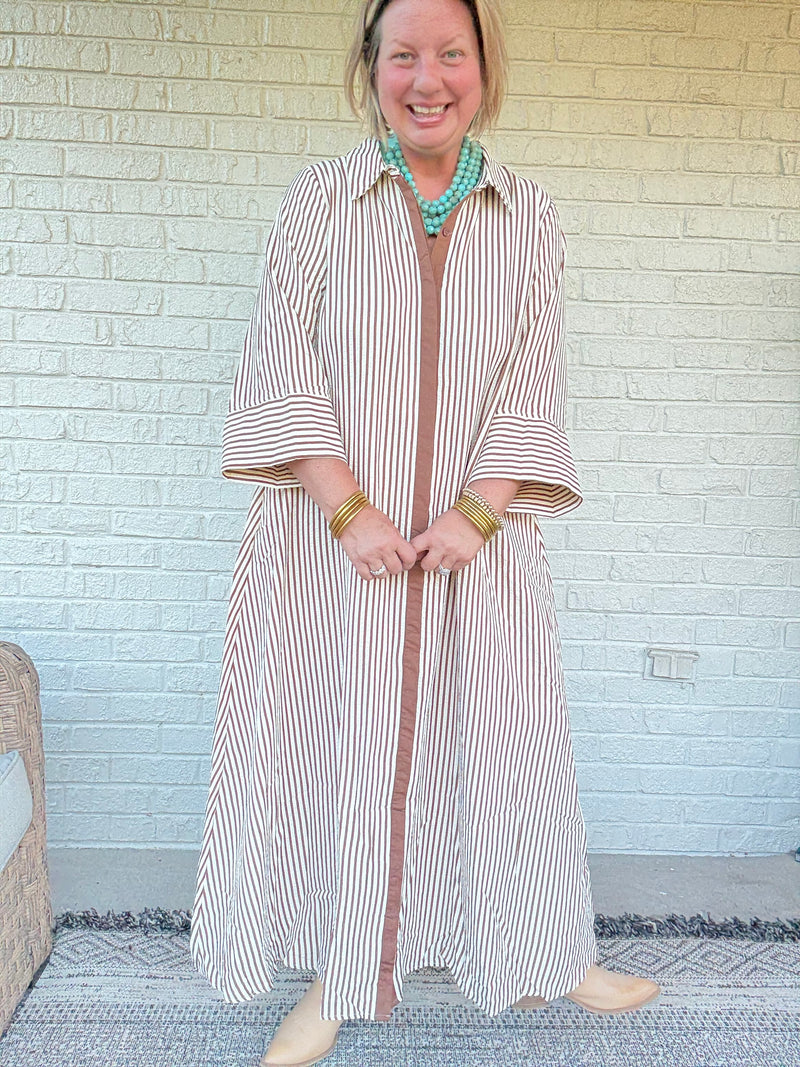 Striped Button Front Maxi Shirt Dress- Caramel
