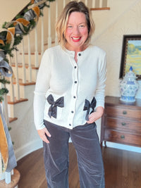 Cream Black Bow Pocket Cardigan