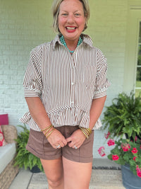 Falling for Stripes Ruffle Top - Brown