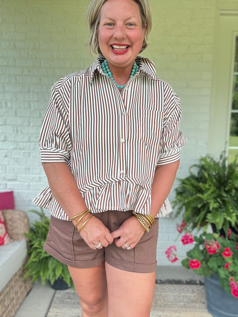 Falling for Stripes Ruffle Top - Brown