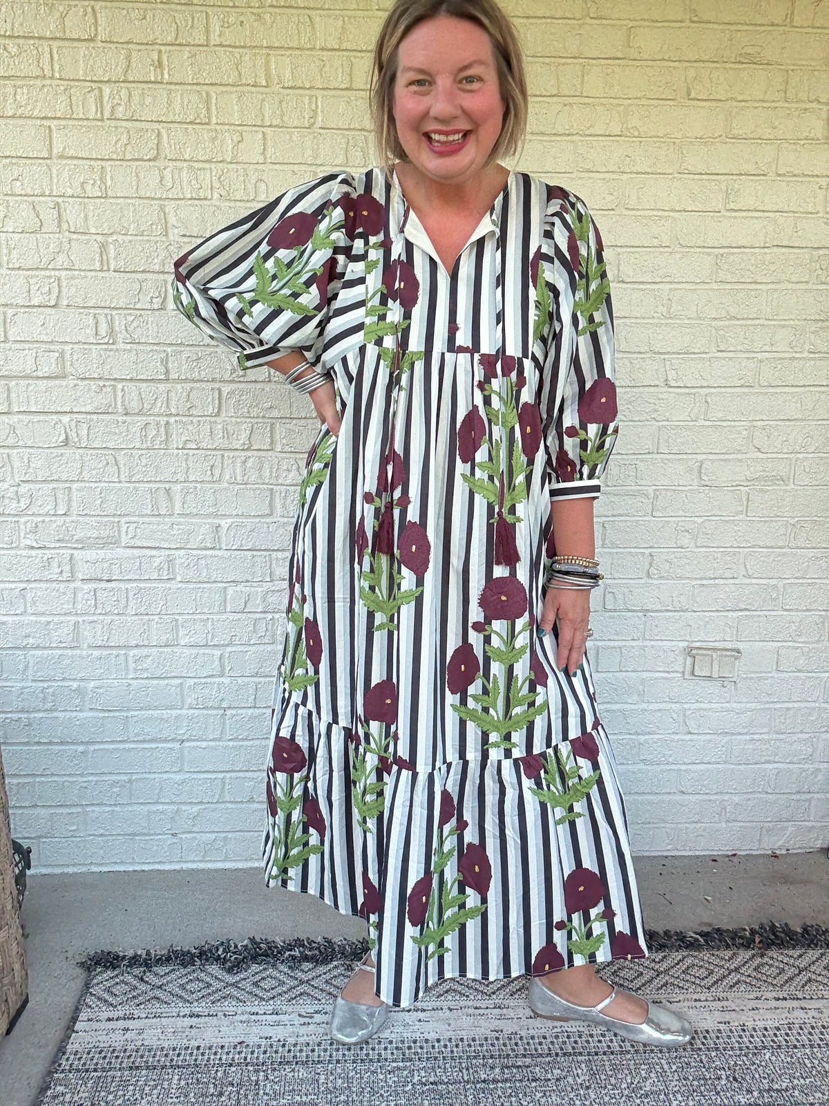 The Harper Boho Stripe and Floral Midi Dress