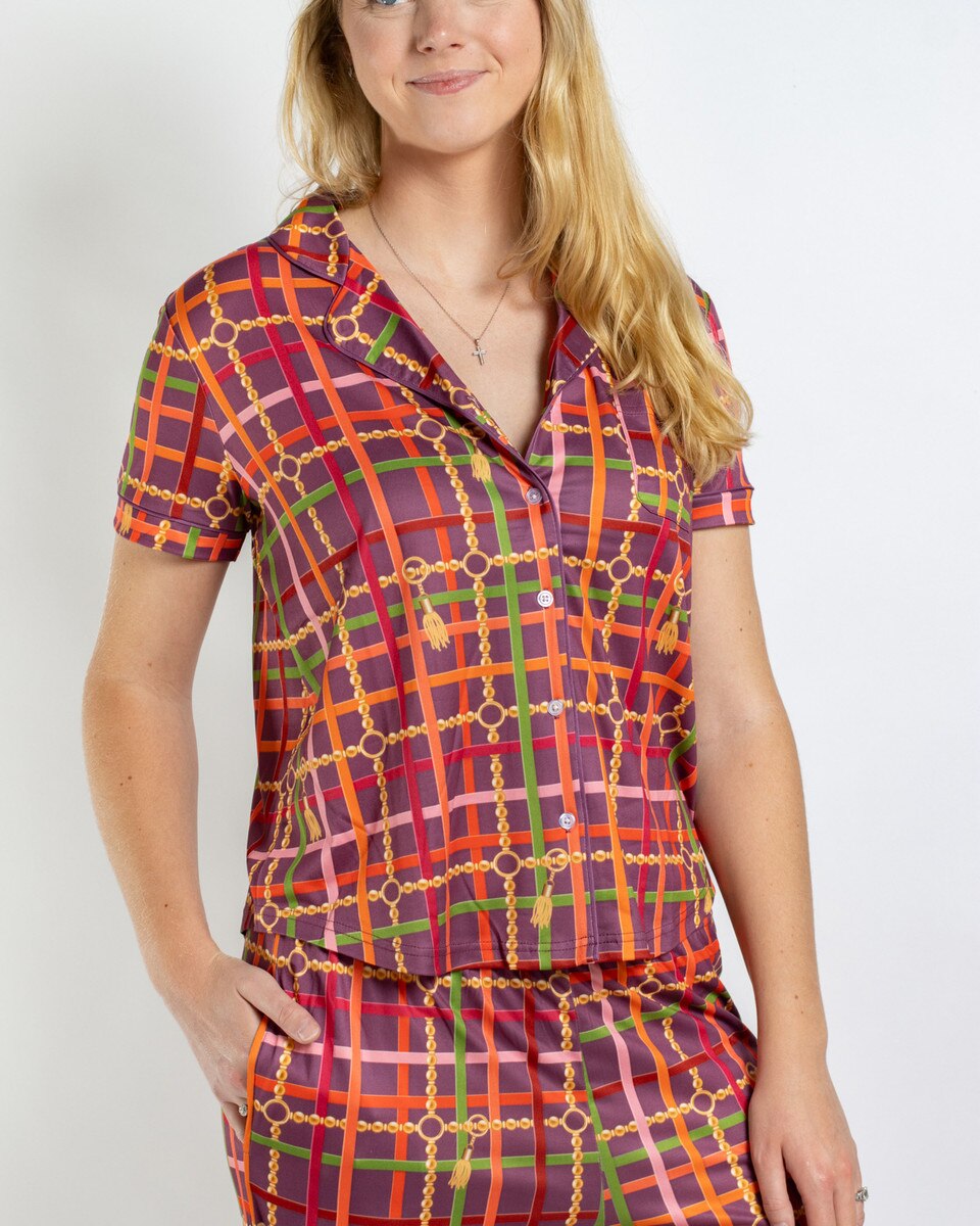 Golden Chain Short Sleeve Button Up Sleep Shirt - Merlot/Multi