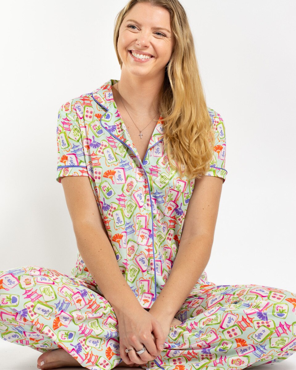 Mahjong Dreams Short Sleeve Button Up Sleep Shirt - Blue/Multi