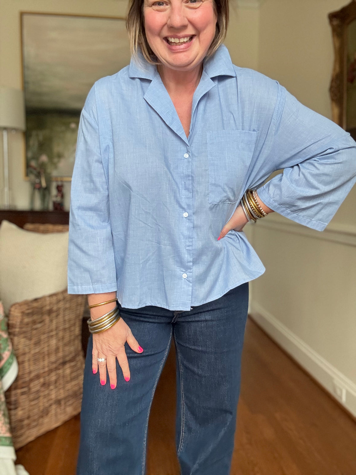 Wide 3/4 Sleeve Blue Shirt