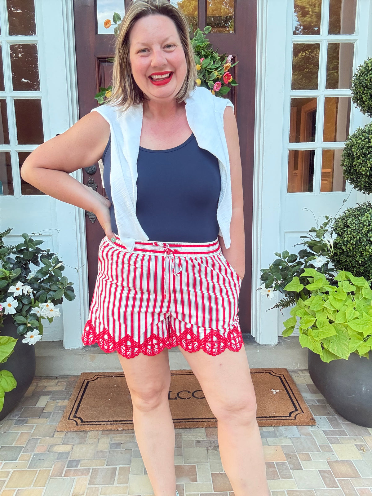 Striped Red and White Shorts with Embroidery