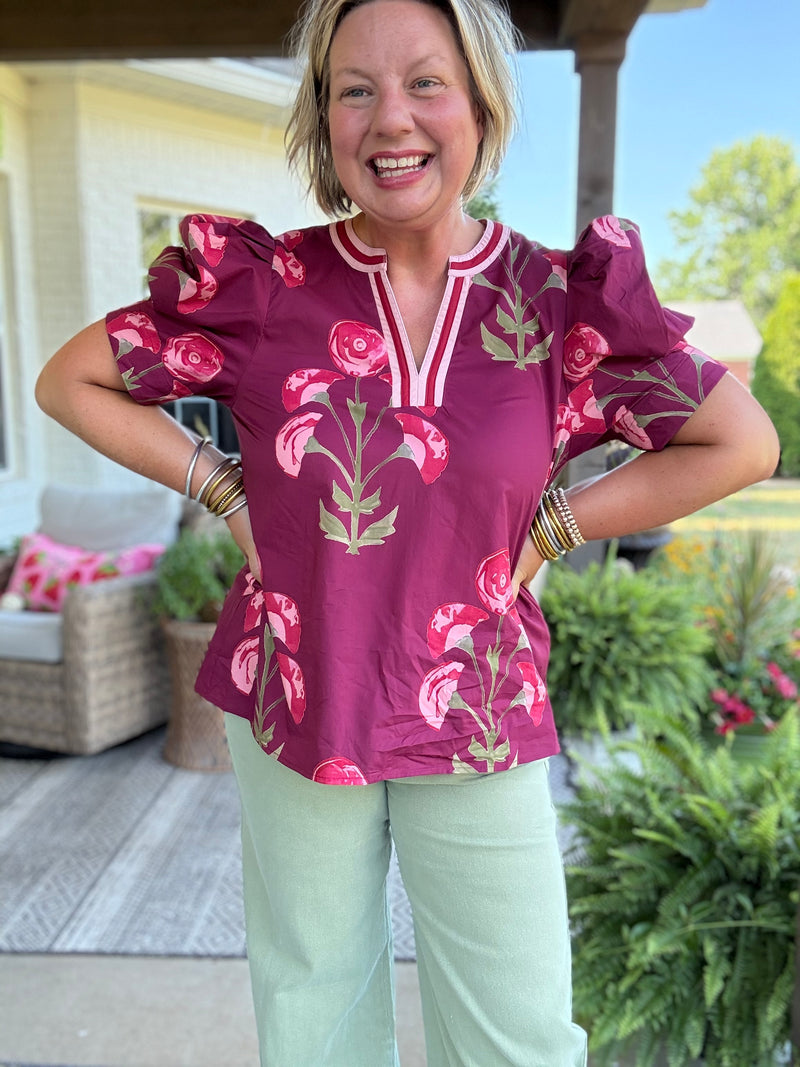 Avery Floral Puff Sleeve - Wine