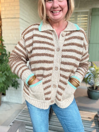 Striped Button-Up Collared Sweater with Pockets - Turquoise Trim