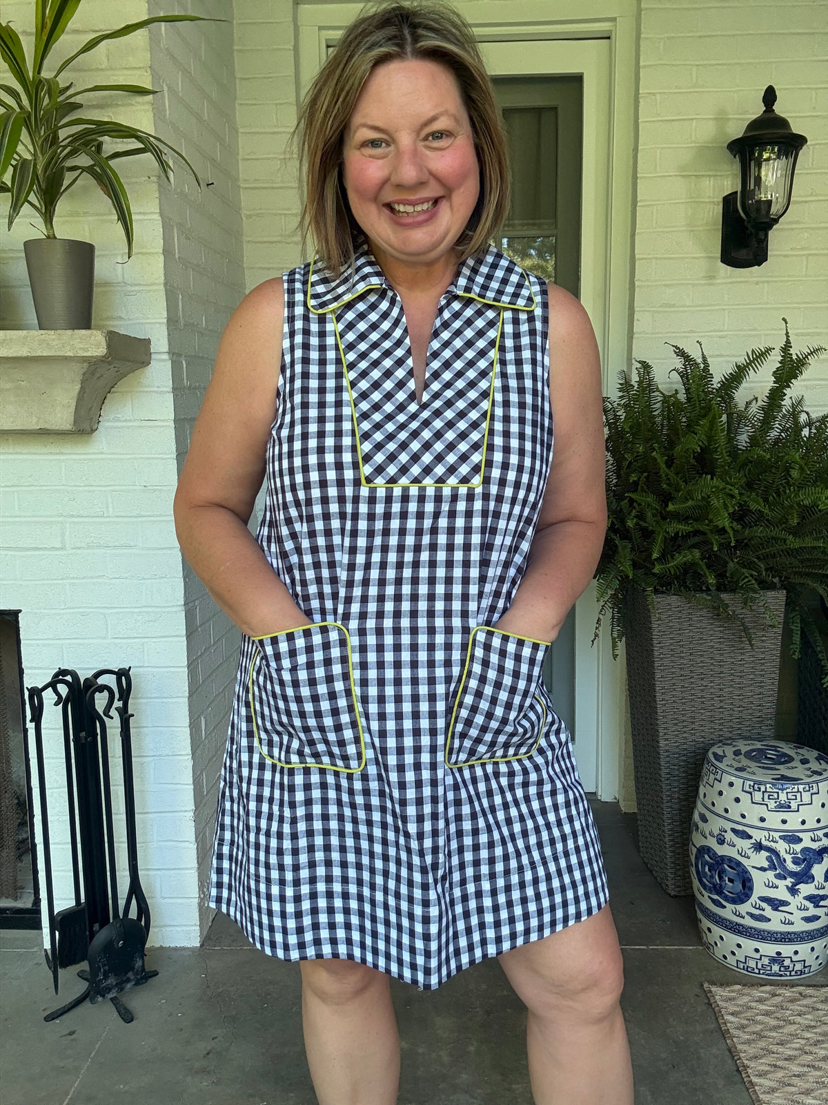 Navy and White Gingham Dress with Lime Green Contrast Detail
