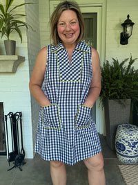 Navy and White Gingham Dress with Lime Green Contrast Detail
