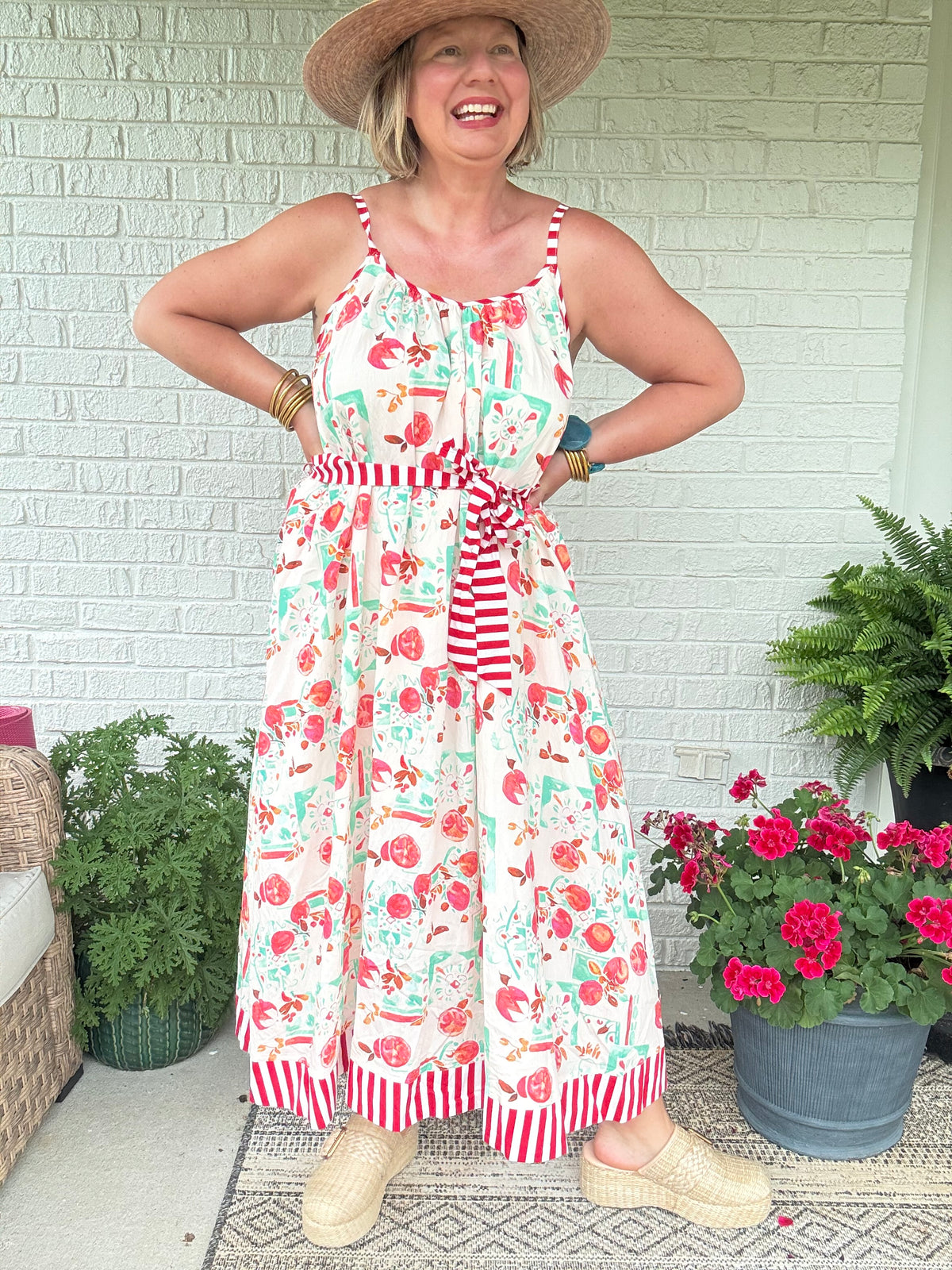 Felicity Fruit Dress w/ Tie Waist - Red
